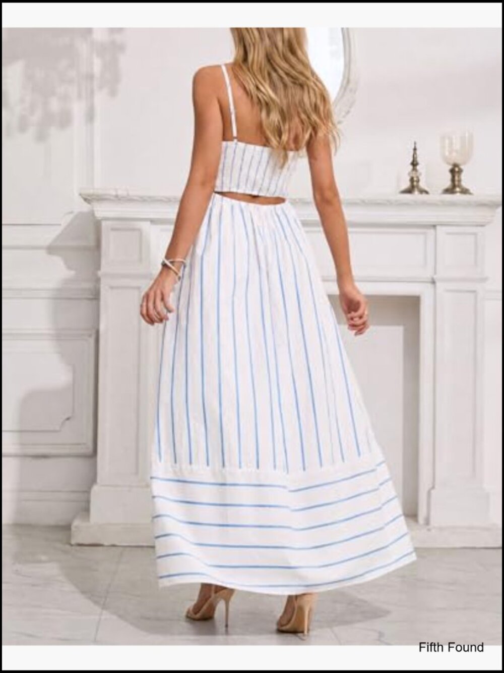 Women's Striped Back Smocked Maxi Dress Spaghetti Strap Cut Out Swing Long - Picture 3 of 6
